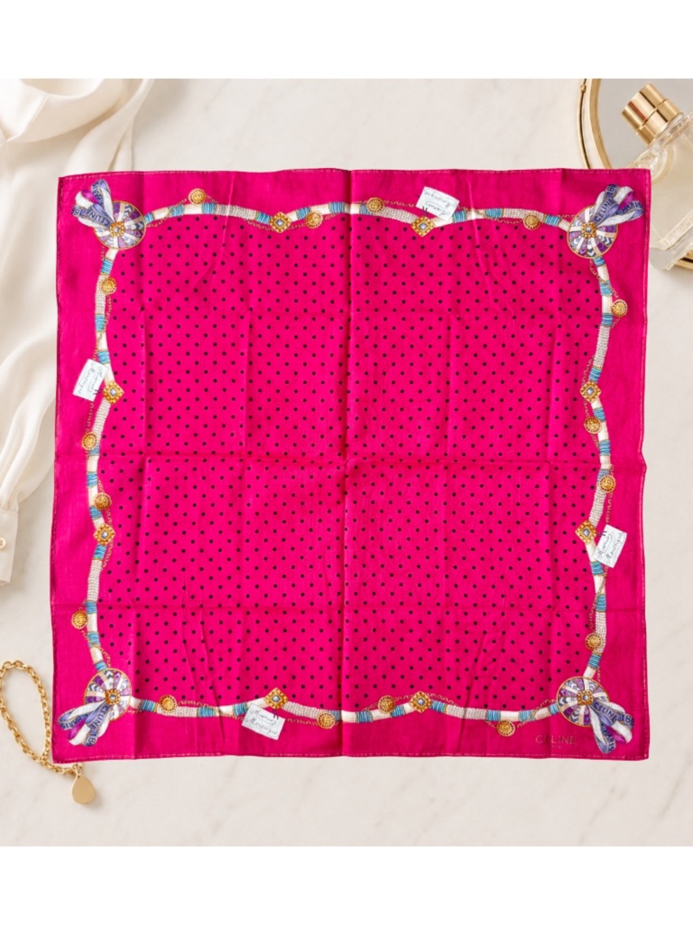 Celine Paris Pink Scarf Neckerchief Polka Dot Chain Ribbon Pocket Square 19.5"